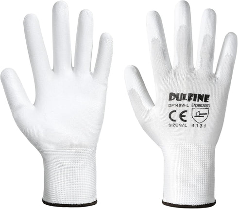 DULFINE Safety Work Gloves PU Coated-12 Pairs,White Seamless Knit Glove with Polyurethane Coated Smooth Grip on Palm & Fingers, for Men and Women,...