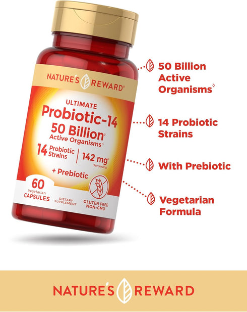 Nature's Reward Probiotics with Prebiotics - 120 Capsules - 142 mg - 50 Billion Active Organisms - Vegetarian, Non-GMO & Gluten Free Supplement...