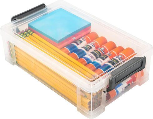 Extra Large Pencil Box 2-Pack Grey Clips. Stackable Storage Organizing Bins for Pencils, Rulers, Art Supplies, Markers, and Crayons. Transparent P...
