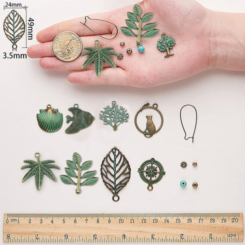 SUNNYCLUE 1 Box DIY 9 Pairs Metal Hollow Bohemian Vintage Dangle Earrings Jewelry Making Starter Kit Alloy Green Patina Tree Leaf Coin Sea Horse C...