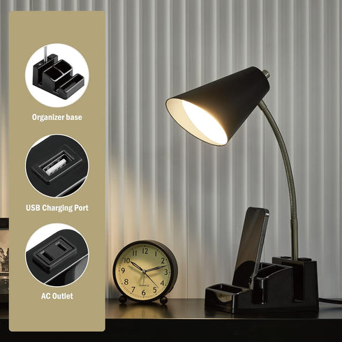 LED Desk Lamp with 1 USB Charging Port and 1 AC Outlet, Organizer Base, Adjustable Neck, On/Off Switch, Modern Table Lamp for Reading, Working, St...