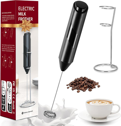 Simple Deluxe Milk Frother Handheld with Stainless Steel Stand Battery Operated Whisk Drink Mixer for Coffee, Frappe, Latte, Matcha, Black...