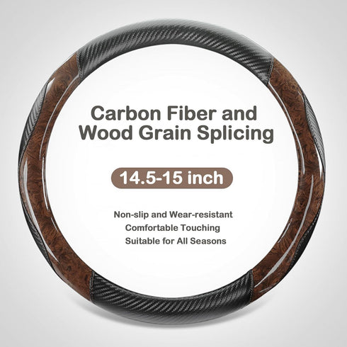 Wood Grain Steering Wheel Cover Carbon Car Steering Wheel Covers 14 1/2-15 inch with Coasters Microfiber Leather Splicing Breathable Anti-Slip Dur...