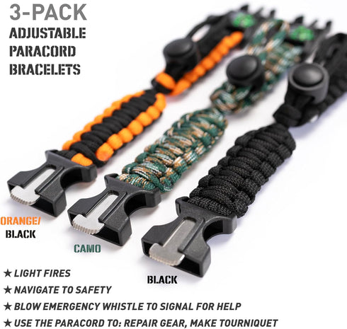 Paracord Survival Bracelet, 3 Pack, Adjustable, Firestarter, Compass, Whistle, Emergency Gear, Camping Accessories, Hiking Essentials, Trekking Ad...