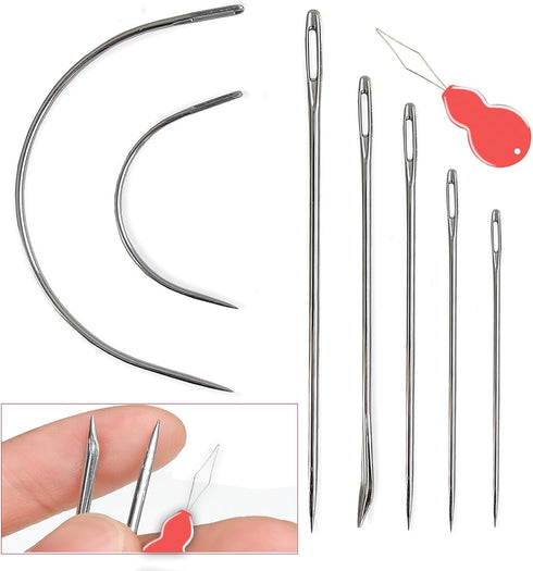 Pikdmin 7+1 Pcs Heavy Duty Hand Sewing Needles Kit, 5 Leather Hand Sewing Needle 2 Curved Needle and 1 pcs needle threaders for Home Upholstery,Le...