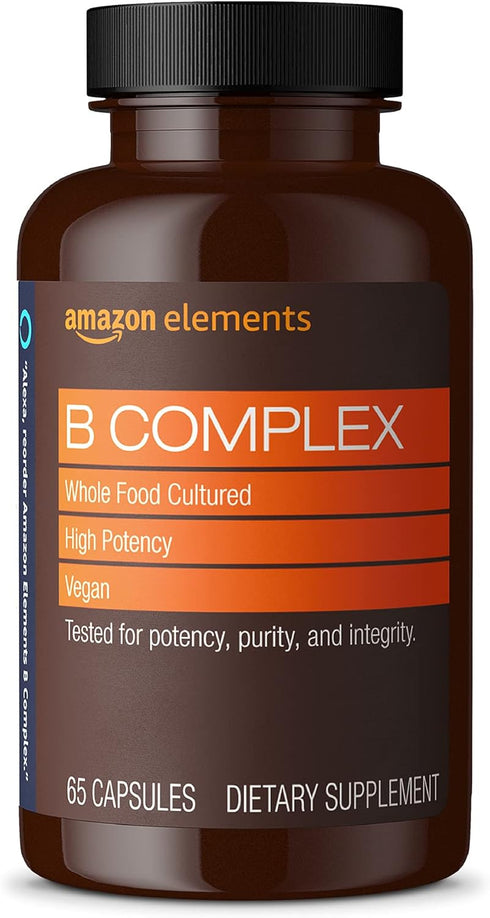 Amazon Elements B Complex, High Potency, 83% Whole Food Cultured, Supports Immune and Normal Energy Metabolism, Vegan, 65 Capsules, 2 month supply...