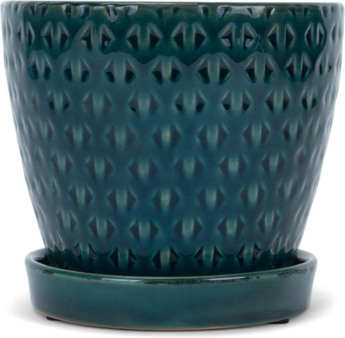 Teal Ceramic Pot with Reactive Glaze for Indoor Plants Planter with Saucer, 4.75 x 5.5 Inch...