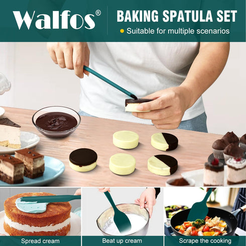 Walfos Silicone Spatula Set of 7 - (600°F) High Heat Resistant Dark Green Kitchen Scraper Spatulas, One-Pieces Seamless Design, Perfect for Cookin...