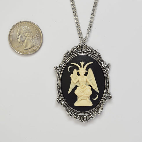Sitting Satanic Baphomet Cameo In Silver Finish Frame Necklace Pendant Ivory on Black...