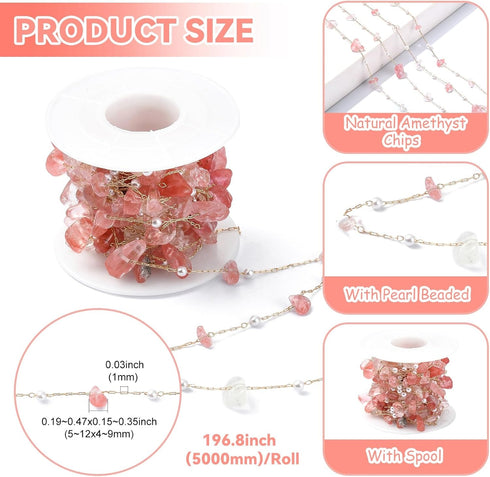 DanLingJewelry 5m Brass Handmade Natural Rose Quartz Stone Beading Chain Pink Irregular Crystal Chains with Spool for Jewelry Making Supplies...