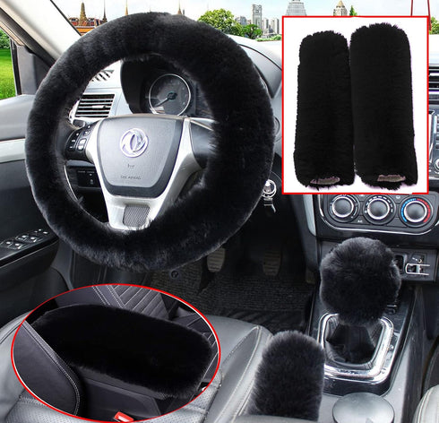 6pcs/Set Soft Fluffy Faux Wool Steering Wheel Cover & Seatbelt Shoulder Pads & Handbrake Cover & Gear Shift Cover Winter Warm Universal Fit (Black...