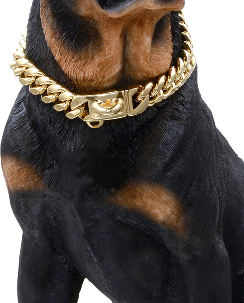Gold Dog Chain Collar Walking Metal Chain Collar with Design Secure Buckle,14MM Heavy Duty Cuban Link Chain Training Collar for Small Medium Large...
