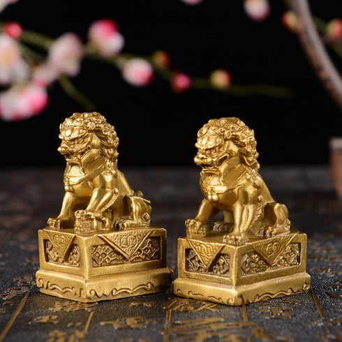 BRABUD 2.8in(H) Fengshui Brass Pair of Fu Foo Dogs Guardian Lion Statues Housewarming Congratulatory to Ward Off Evil Energy ZD099 Gold...