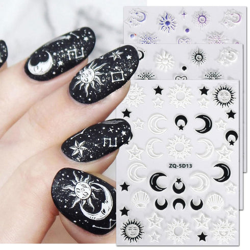 JMEOWIO 3D Embossed Moon Star Sun Nail Art Stickers Decals Self-Adhesive Pegatinas Uñas 5D Black White Heart Nail Supplies Nail Art Design Decorat...