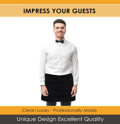 Brtex Server Aprons with 5 Pockets (2 Pack) – Commercial Grade Black Waist Aprons for Women Men – Restaurants Cafes Bars Home & Kitchen Apron 24x1...