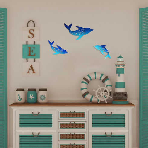 Yaomiao 3 Pieces Metal Dolphin Wall Decor Beach Coastal Hanging Decorations Ocean Nautical Tropical Beach Themed Metal Wall Art for Home Bedroom P...