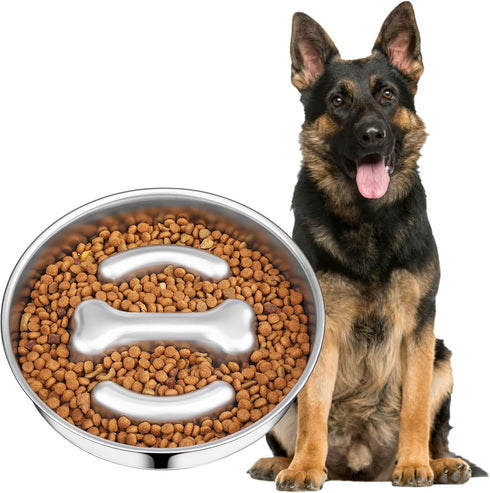 PETTOM Dog Bowl Slow Feeder, Non Slip Stainless Steel Slow Feeder Dog Bowl 3 Cups Metal Dog Food Bowls for Small Medium Dogs Double-Sided Design P...