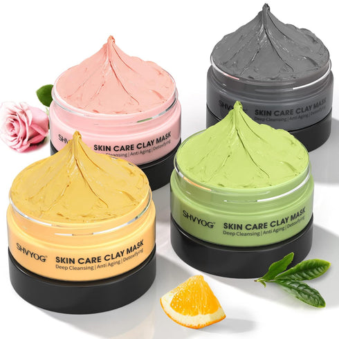 4 Pcs Clay Facial Mask Set - Turmeric, Vitamin C, Green Tea, Dead Sea Mud, and Rose Clay for Deep Cleansing, Moisturizing, and Refining Pores - 24...
