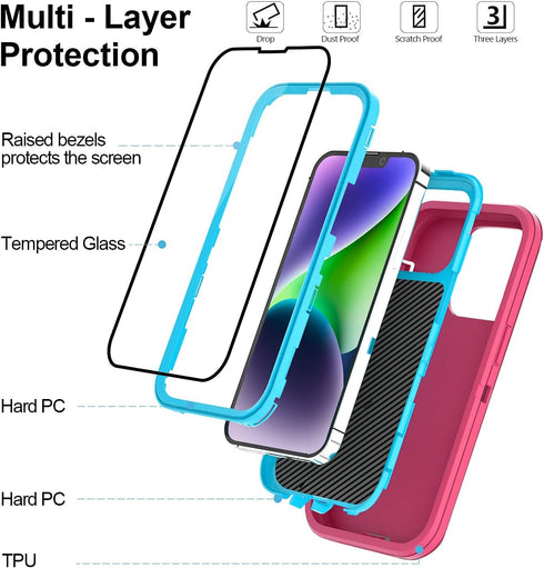 for iPhone 14 Case & iPhone 13 Case 6.1" with 2 Screen Protector Tempered Glass, Heavy Duty Military Grade Full Body Protection Drop-Proof Phone C...