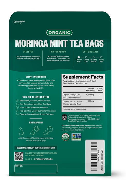 FGO Organic Moringa Mint Tea, 100 Count, Eco-Conscious Herbal Tea Bags, Resealable Bag, Caffeine Free, Packaging May Vary (Pack of 1)...