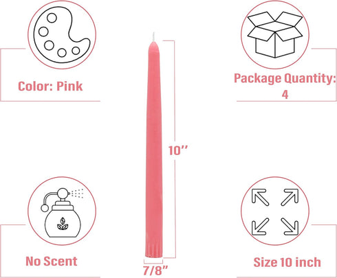 CandleNScent Taper Candles | Tapered Candlesticks - dripless 10 Inch unscented | Pink | 4 Pack...