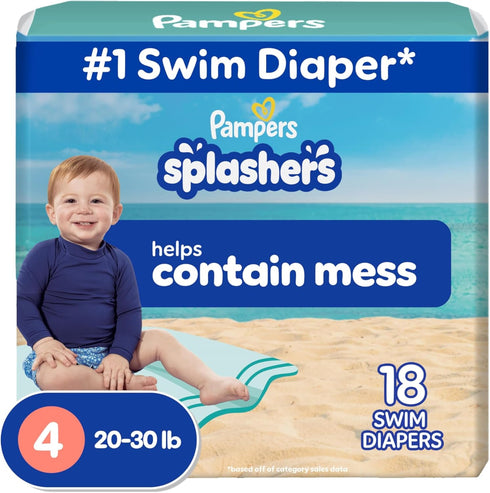 Pampers Swim Diapers - Splashers - Size 4, 18 Count, Gap-Free Disposable Baby Swimming Pants...