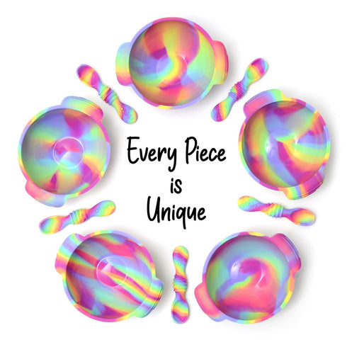 Unbreakable Silicone Non-Slip Bowl and Chew Spoon Set for Babies and Toddlers (Rainbow Swirl)...