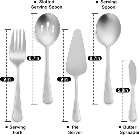 LIANYU 5-Piece Matte Serving Utensils Set, Stainless Steel Serving Set Include Serving Spoon Fork, Flatware Serving Pieces for Buffet Catering, Sa...
