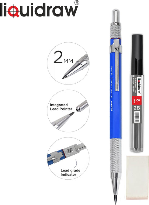 Mechanical Clutch Pencil 2mm With 8 x 2B Leads, Eraser & Integrated Sharpener For Architectural Technical Drawing Artists Architects Engineers Dra...