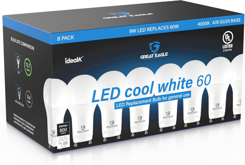Great Eagle Lighting Corporation 60W GU24 LED Light Bulb, Non Dimmable, 4000K Cool White, UL, Twist-in 2 Prong (8-Pack)...