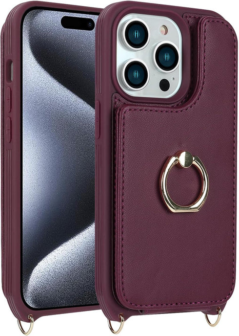 for iPhone 15 Pro Case with Card Holder for Women,iPhone 15 Pro Phone Case with Strap,Crossbody Lanyard,Ring Stand,Snap Clasp,Cute Wallet Case 6.1...
