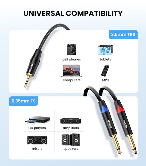 tisino 1/8 to 1/4 Stereo Cable, 1/8 Inch TRS Stereo to Dual 1/4 inch TS Mono Y-Splitter Cable 3.5mm Aux Mini Jack to Jack Breakout Cord for Smartp...