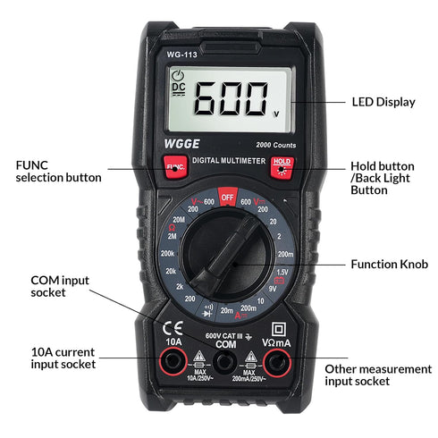 WGGE Digital Multimeter with Case, DC AC Voltmeter, Ohm Volt Amp Test Meter and Continuity Test Diode Voltage Tester for Household Outlet, Automot...