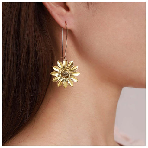 Boho Sunflower Dangle Earrings Sunflower Hoop Earrings Gold Floral Flower Earrings Vintage 3D Flower Drop Earrings Jewelry for Women and Girls...