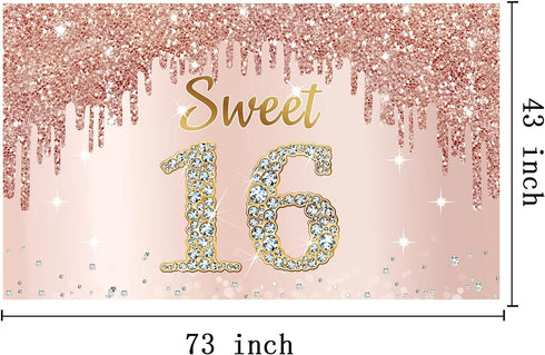 Sweet 16th Birthday Banner Backdrop Decorations for Girls, Rose Gold 16 Birthday Party Sign Supplies, Pink 16 Years Old Birthday Poster Background...
