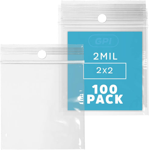 GPI - 2" x 2" - Bulk Pack of 100, 2 Mil Thick, Clear Plastic Reclosable Zip Bags, Hang Hole for Display, Durable Poly Baggies with Resealable Zip ...