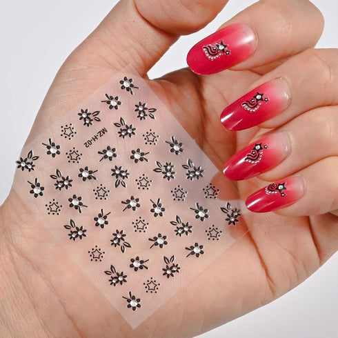 30 Sheets Black Flower Nail Stickers 3D Adhesive Nail Floral Stickers Black Multi-Design Flower Nail Decals for Floral Nail Supplies Nail Art Desi...