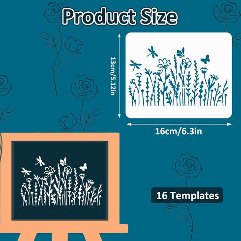 16pcs Botanical Flower Stencils Reusable for Crafts Small Wildflower Floral Paint Stencil for Painting on Wood Card Making, Art Stencils for Furni...