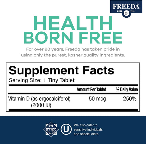 FREEDA Vitamin D2 2000 IU – Vegan Vitamin D for Bone Strength & Immune Support – Vegan Ergocalciferol D2 Supplement – 100 Tiny Tablets...