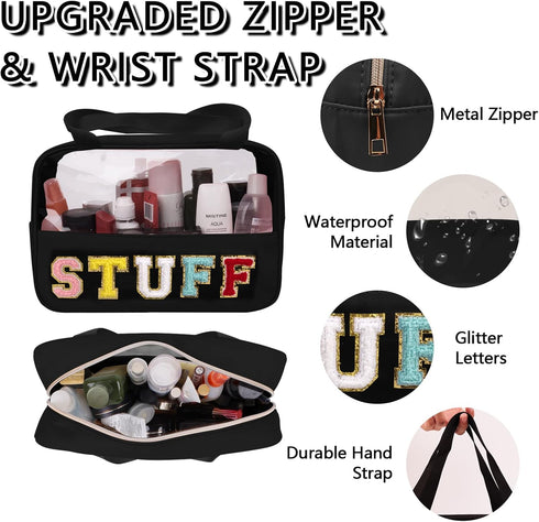 Chenille Letter Patch Stuff Bag, Preppy Clear Makeup Cosmetic Bag Large Toiletry Storage Tote Bag with Handle, Transparent Nylon Waterproof Organi...