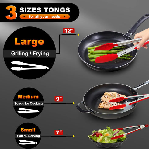 Walfos Kitchen Tongs - 7" 9" and 12" Heat Resistant Cooking Tongs, Stainless Steel and BPA Free Silicone Tips, Great for Cooking, Salad, Grilling,...