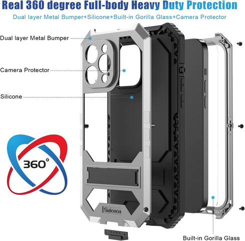 iPhone 14 Pro Max Waterproof Case, iPhone 14 Pro Max Metal Case with Screen Protector Kickstand Military Full Body Rugged Heavy Duty Dustproof Def...