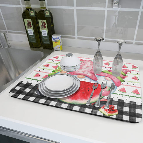 Summer Gnomes Dish Drying Mat 18x24 Inch ,Watermelon Fruit Buffalo Plaid Kitchen Dry Mats with Loop Absorbent Foldable Dishes Pad for Sink Counter...