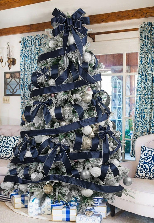 AIMUDI Navy Christmas Velvet Ribbon Wired 2.5 Inch Navy Blue Wired Ribbon for Wreaths Blue and Silver Ribbon for Christmas Tree, Gift Wrapping, Ga...