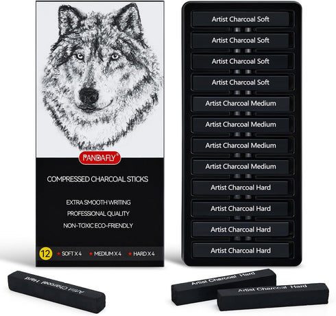 PANDAFLY Compressed Charcoal Sticks, 12 Pieces (Soft, Medium, Hard) Square Vine Charcoal Sticks for Drawing, Sketching, Shading, Charcoal Drawing ...