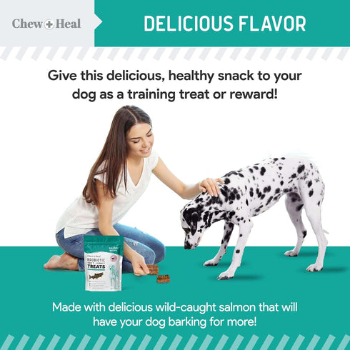 Chew + Heal Labs Probiotic Salmon Jerky Dog Treats - 5 oz of Salmon Jerky for Digestive Health - Made with Wild Alaskan Salmon, Apples, Pumpkin, P...