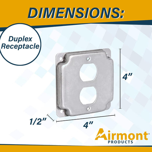 AP-12096, 4" Square Duplex Receptacle Electrical Box Cover, 1/2" Raised, Exposed Work, Galvanized Steel, Crushed Corners...