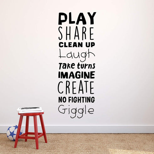 Vinyl Art Wall Decal - Play Share Clean Up Laugh Take Turns Imagine No Fighting Giggle - 45.5" x 16.5" - Cute Modern Decals for Kids Toddlers Home...