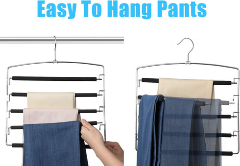 Meetu Pants Hangers 5 Layers Stainless Steel Non-Slip Foam Padded Swing Arm Space Saving Clothes Slack Hangers Closet Storage Organizer for Pants ...