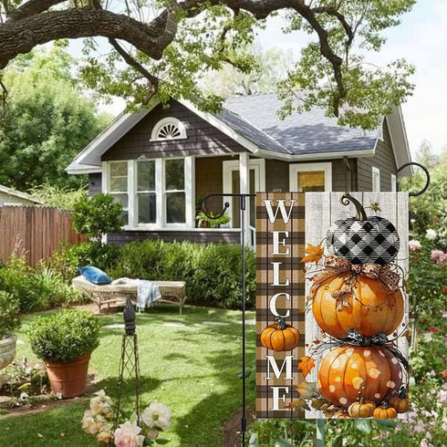 Fall Pumpkins Garden Flag 12x18 Inch Polka Dots Small Double Sided For Outside Thanksgiving Burlap Plaid Bowknot Welcome Yard Autumn Decoration...